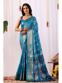 Anjaneya Sarees - Women Blue Silk Abstract Saree with Unstitched Blouse