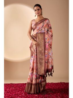 Anjaneya Sarees - Women Peach Silk Floral Saree with Unstitched Blouse