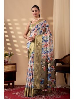 Anjaneya Sarees - Women Multi-Color Silk Floral Saree with Unstitched Blouse