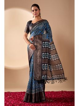 Anjaneya Sarees - Women Blue Silk Abstract Saree with Unstitched Blouse