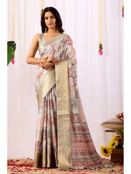 Anjaneya Sarees - Women White Silk Abstract Saree with Unstitched Blouse