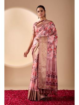 Anjaneya Sarees - Women Peach Silk Floral Saree with Unstitched Blouse
