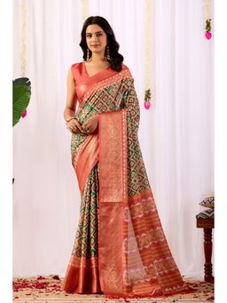 Anjaneya Sarees - Women Green Silk Geometric Saree with Unstitched Blouse