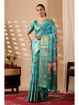 Anjaneya Sarees - Women Teal Silk Floral Saree with Unstitched Blouse
