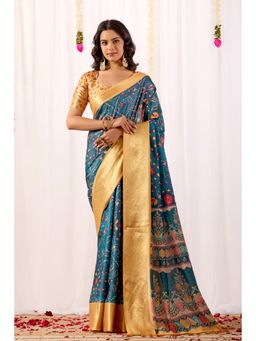 Anjaneya Sarees - Women Blue Silk Abstract Saree with Unstitched Blouse