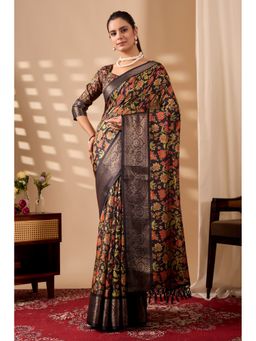 Anjaneya Sarees - Women Black Silk Floral Saree with Unstitched Blouse