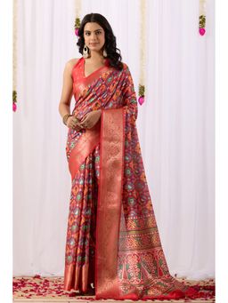 Anjaneya Sarees - Women Red Silk Geometric Saree with Unstitched Blouse