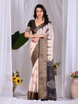 Anjaneya Sarees - Women Cream Silk Abstract Saree with Unstitched Blouse