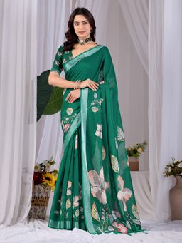 Anjaneya Sarees - Women Green Linen Floral Saree with Unstitched Blouse