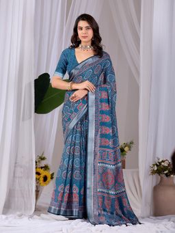 Anjaneya Sarees - Women Blue Linen Geometric Saree with Unstitched Blouse