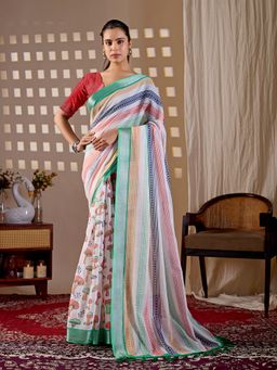 Anjaneya Sarees - Women White Linen Stripes Saree with Unstitched Blouse