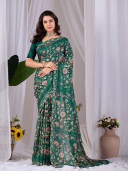 Anjaneya Sarees - Women Green Silk Floral Saree with Unstitched Blouse