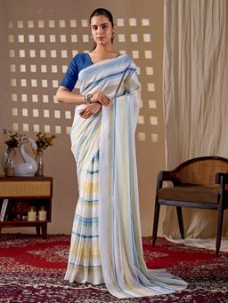 Anjaneya Sarees - Women White Silk Stripes Saree with Unstitched Blouse