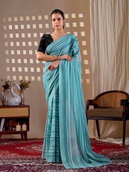 Anjaneya Sarees - Women Teal Silk Stripes Saree with Unstitched Blouse