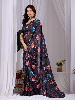 Anjaneya Sarees - Women Blue Silk Floral Saree with Unstitched Blouse