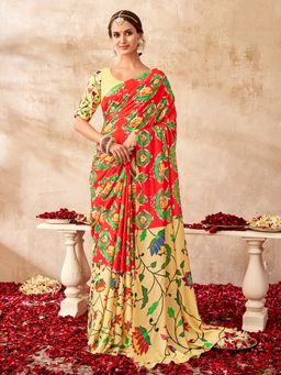 Sarha - Red Poly Georgette Printed Saree with Unstitched Blouse