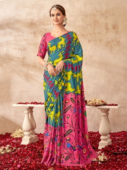 Sarha - Teal Poly Georgette Printed Saree with Unstitched Blouse