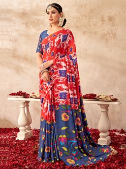 Sarha - Red Art Silk Printed Saree with Unstitched Blouse