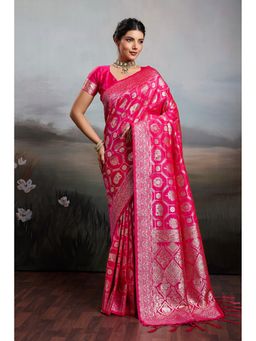 Mysilklove - Pizzazz Pink Woven Banarasi Soft Silk Saree with Unstitched Blouse