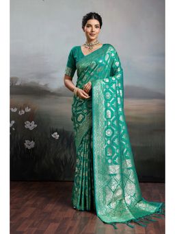Mysilklove - Myrtle Green Woven Banarasi Soft Silk Saree with Unstitched Blouse