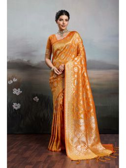 Mysilklove - Gold Yellow Woven Banarasi Soft Silk Saree with Unstitched Blouse
