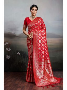 Mysilklove - Cardinal Red Woven Banarasi Soft Silk Saree with Unstitched Blouse