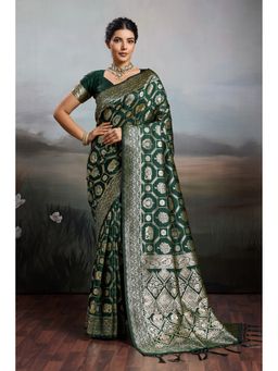 Mysilklove - Bottle Green Woven Banarasi Soft Silk Saree with Unstitched Blouse