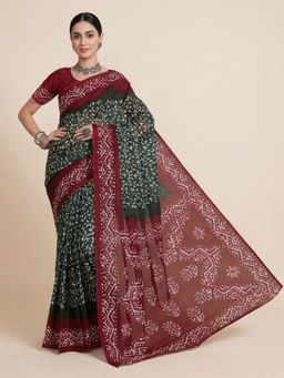 SALWAR STUDIO - Green Batik Printed Pure Cotton Saree With Unstitched Blouse