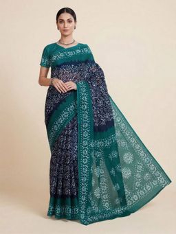 SALWAR STUDIO - Rama Green Batik Printed Pure Cotton Saree With Unstitched Blouse