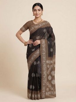 SALWAR STUDIO - Black Batik Printed Pure Cotton Saree With Unstitched Blouse