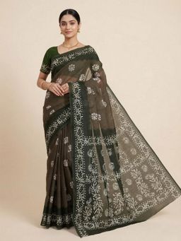 SALWAR STUDIO - Olive Batik Printed Pure Cotton Saree With Unstitched Blouse
