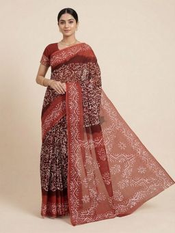 SALWAR STUDIO - Maroon Batik Printed Pure Cotton Saree With Unstitched Blouse
