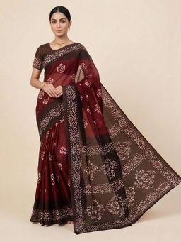 SALWAR STUDIO - Red Batik Printed Pure Cotton Saree With Unstitched Blouse