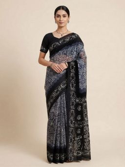 SALWAR STUDIO - Grey Batik Printed Pure Cotton Saree With Unstitched Blouse