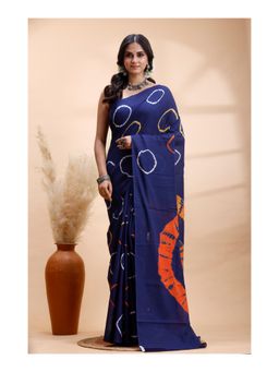 Boveee - Women Blue Tie & Dye Handloom Saree with Unstitched Blouse