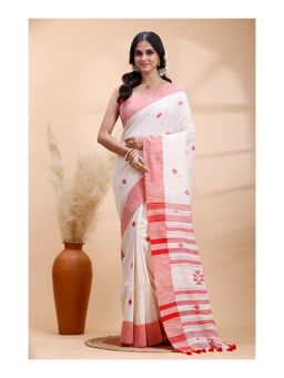Boveee - Women Off White Woven Handloom Saree with Unstitched Blouse