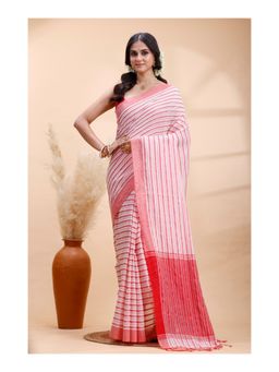 Boveee - Women White Woven Handloom Saree with Unstitched Blouse