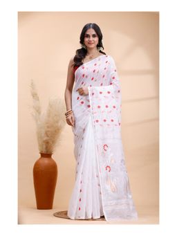 Boveee - Women White Woven Handloom Saree with Unstitched Blouse