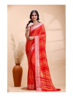 Boveee - Women Red Stripes Handloom Saree with Unstitched Blouse