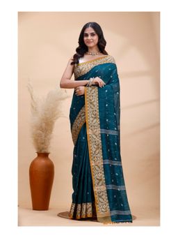 Boveee - Women Teal Woven Handloom Saree with Unstitched Blouse