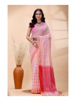 Boveee - Women White Woven Handloom Saree with Unstitched Blouse
