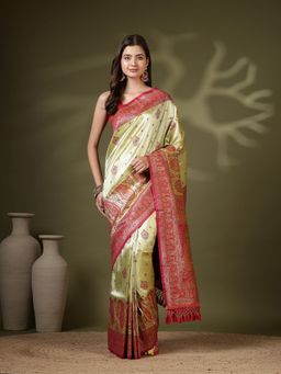 MEENA BAZAAR - Women Green Art Silk Woven Saree with Unstitched Blouse