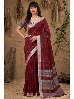 Mysilklove - Deep Maroon Woven Linen Cotton Saree with Unstitched Blouse