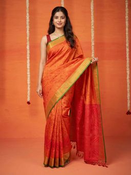 MEENA BAZAAR - Women Orange Art Silk Woven Saree with Unstitched Blouse