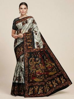 SALWAR STUDIO - Black Warli Printed Pure Cotton Saree With Unstitched Blouse