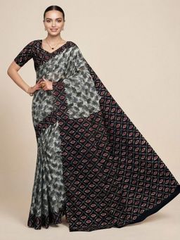 SALWAR STUDIO - Multicolour Warli Printed Pure Cotton Saree With Unstitched Blouse