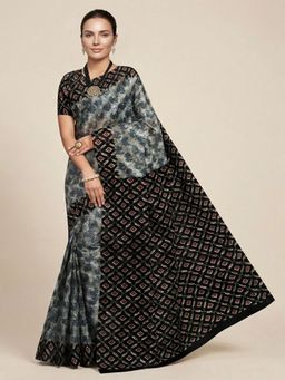 SALWAR STUDIO - Grey Warli Printed Pure Cotton Saree With Unstitched Blouse