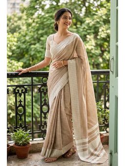 Mysilklove - Crum Brown Handloom Linen Saree with Unstitched Blouse