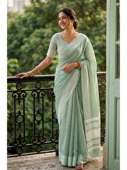 Mysilklove - Lime Green Handloom Linen Saree with Unstitched Blouse