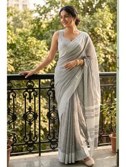 Mysilklove - Cadet Grey Handloom Linen Saree with Unstitched Blouse